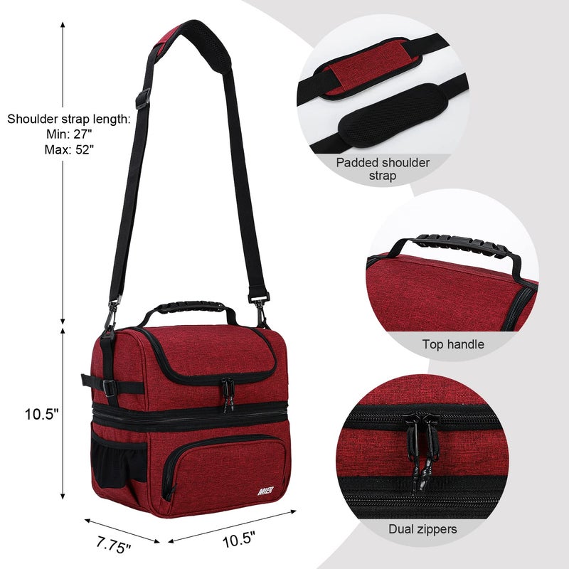 MIER Dual Compartment Lunch Bag Tote with Shoulder Strap for Men and Women Insulated Leakproof Cooler Bag  Dark Red - Image 4